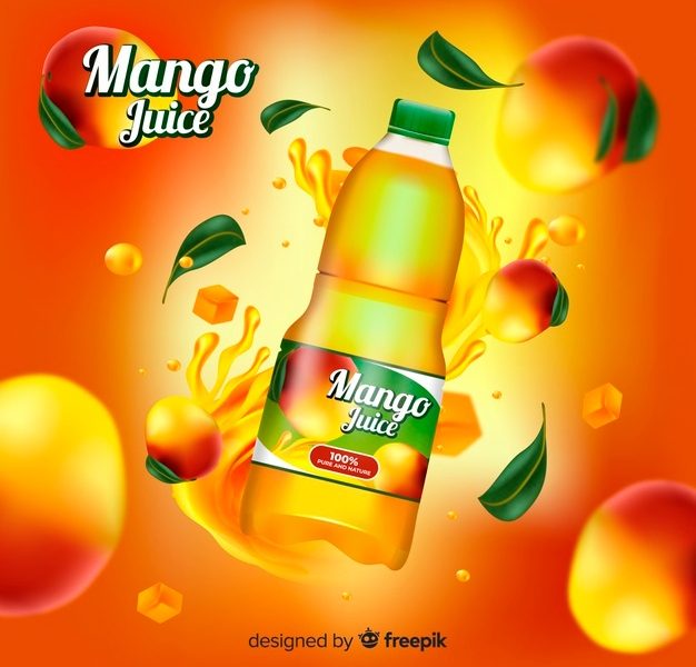 Realistic mango juice ad template Free Vector