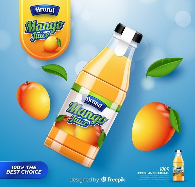 Realistic mango juice advertisement Free Vector