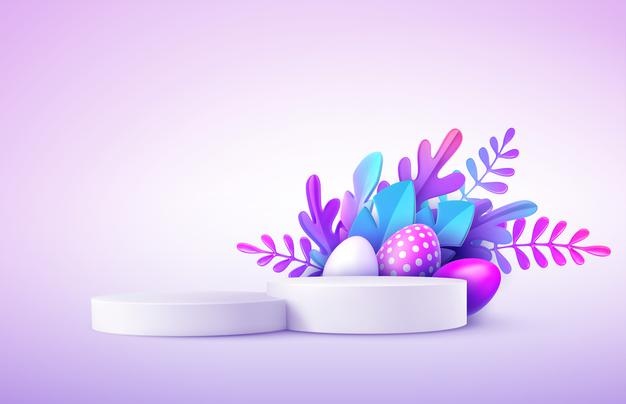 Realistic Product Podium With Easter Eggs Fantastic Tropical Leaves 87521 2977