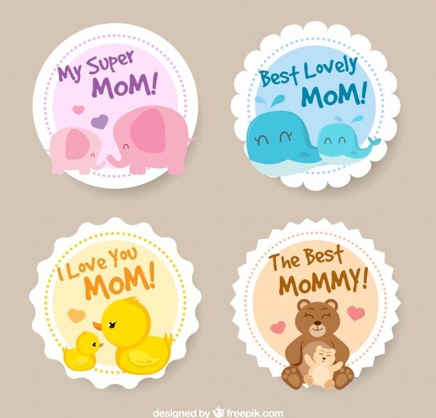 Round stickers with cute elements for mother’s day Free Vector