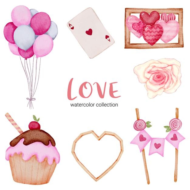 Set Big Isolated Watercolor Valentine Concept Element Lovely Romantic Red Pink Hearts Decoration Illustration 1150 37139