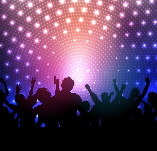 Silhouette of a party crowd in a disco Free Vector
