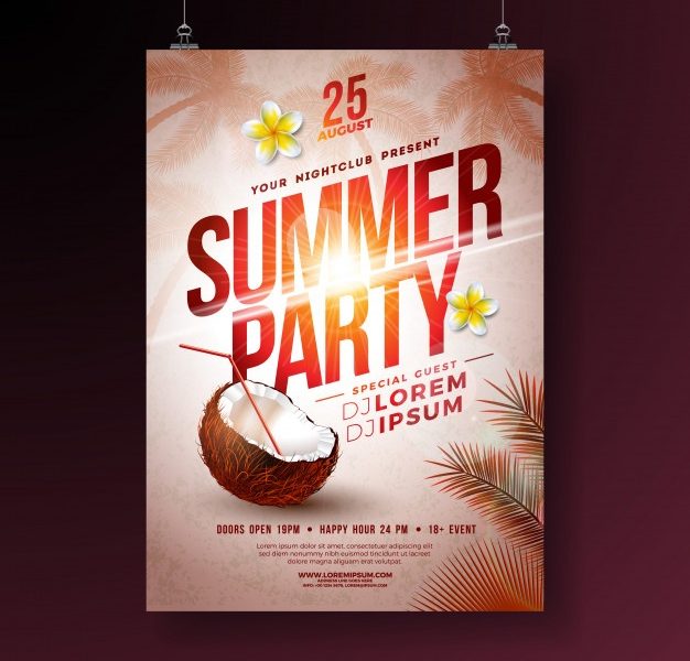 Summer party flyer with flower and coconut Free Vector Summer party flyer with flower and coconut Free Vector
