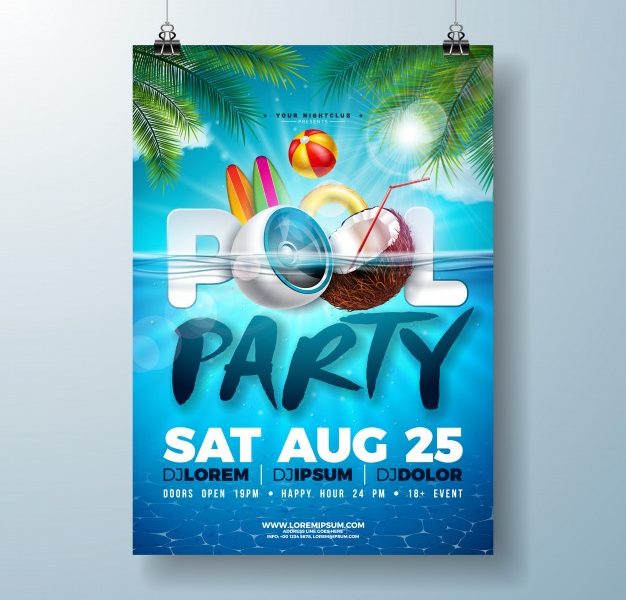 Summer pool party poster or flyer design template with speaker and coconut Free Vector