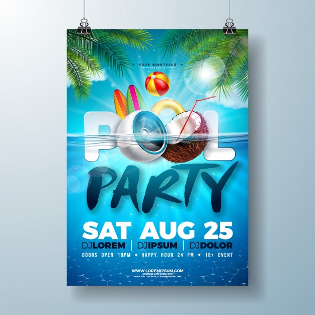 Summer Pool Party Poster Flyer Design Template With Speaker Coconut 1314 2422