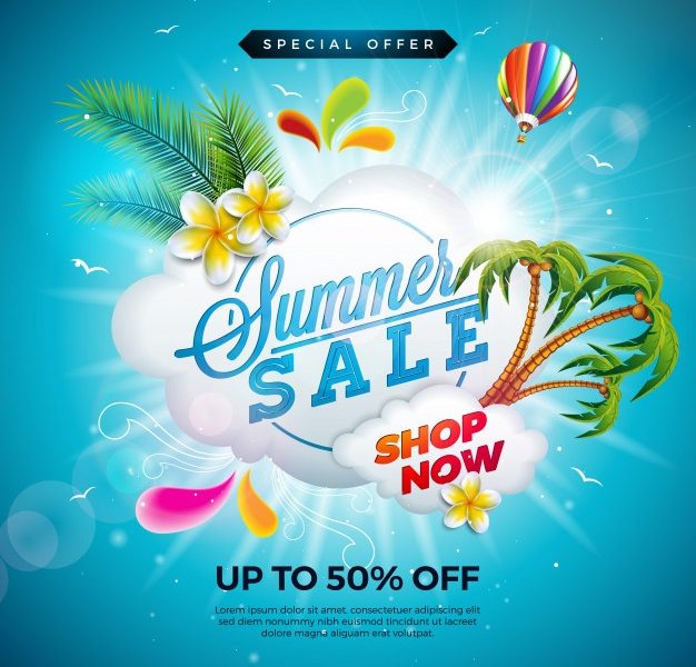 Summer sale design with flower and exotic palm leaves on blue background Free Vector