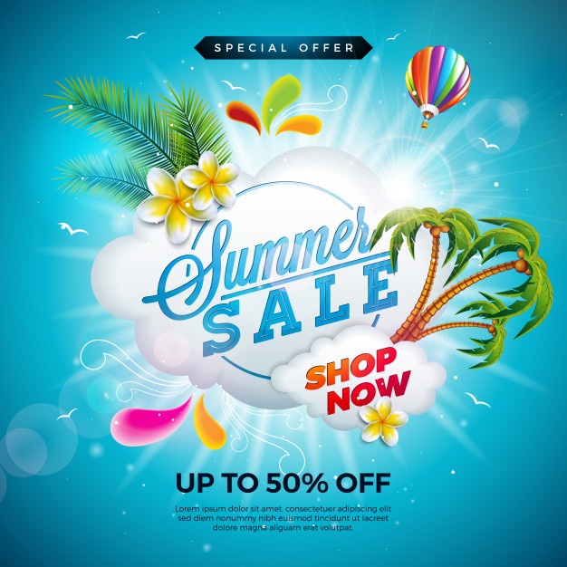 Summer Sale Design With Flower Exotic Palm Leaves Blue Background 1314 2464