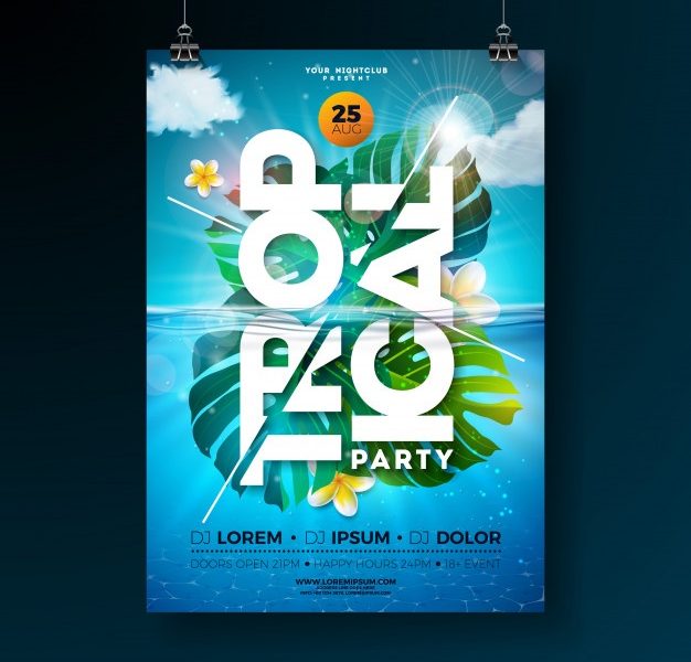 Tropical summer party flyer poster template with exotic palm leaves and flower Free Vector Tropical summer party flyer poster template with exotic palm leaves and flower Free Vector