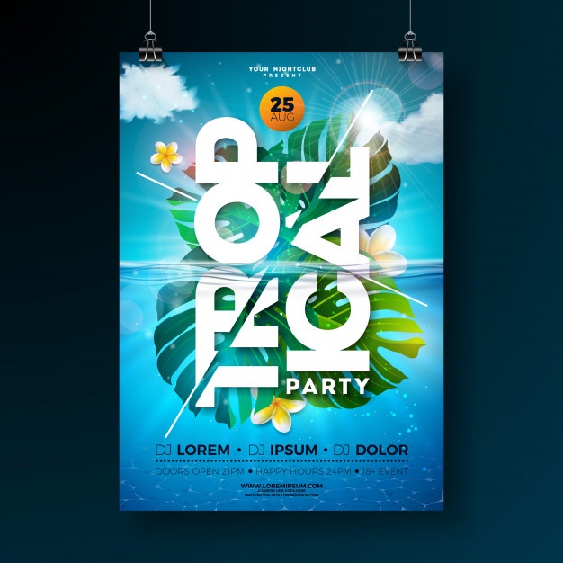 Tropical Summer Party Flyer Poster Template With Exotic Palm Leaves Flower 1314 2531