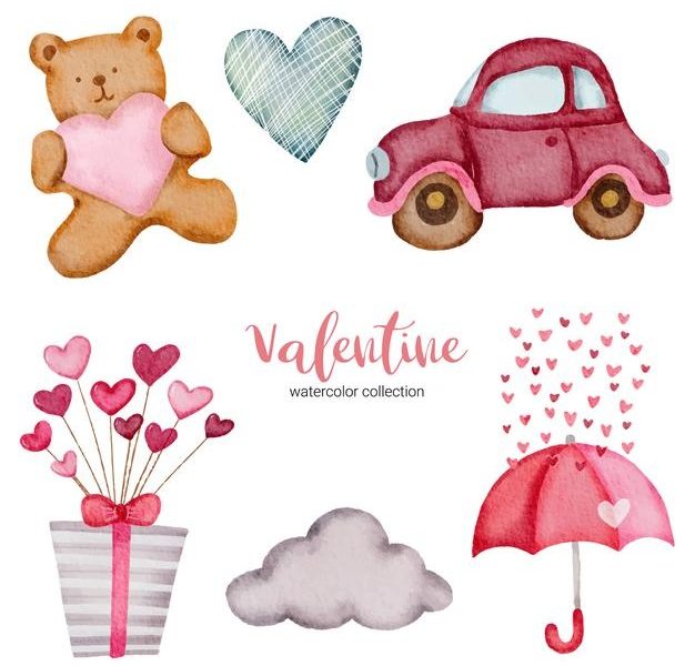 Valentines day set elements cloud, teddy, heart, gift box and more. Free Vector