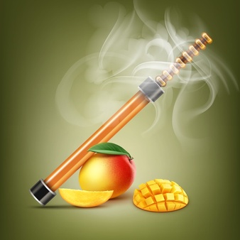Vector orange electronic hookah with mango and smoke on pistachio color background Free Vector