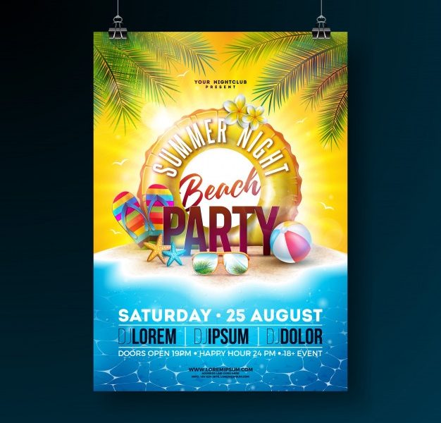 Vector summer night beach party flyer design with tropical palm leaves and float Free Vector