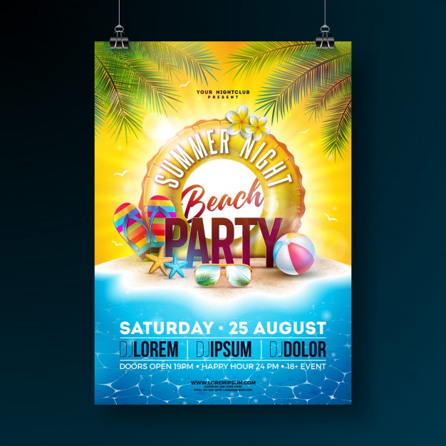 Vector Summer Night Beach Party Flyer Design With Tropical Palm Leaves Float 1314 2454