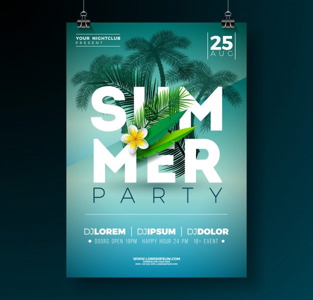 Vector summer party flyer design with flower and tropical palm trees Free Vector Vector summer party flyer design with flower and tropical palm trees Free Vector