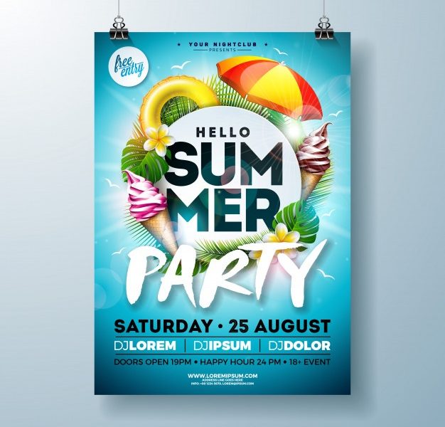 Vector summer party flyer design with sunshade and ice cream Free Vector