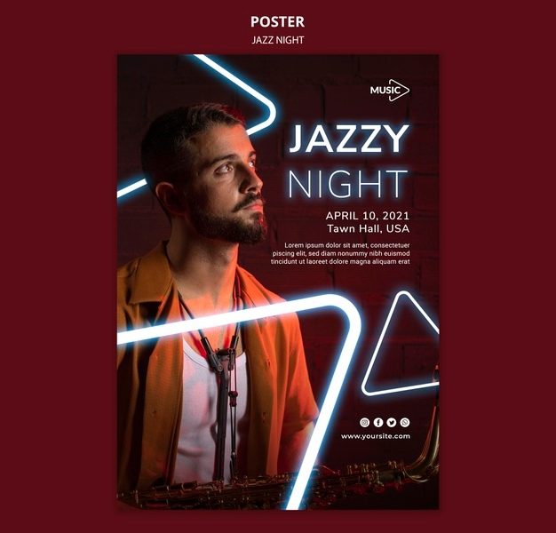 Vertical poster for neon jazz night event Free Psd Vertical poster for neon jazz night event Free Psd