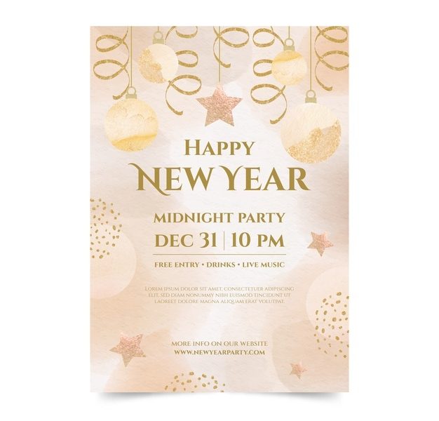 Watercolor new year party flyer template Free Vector