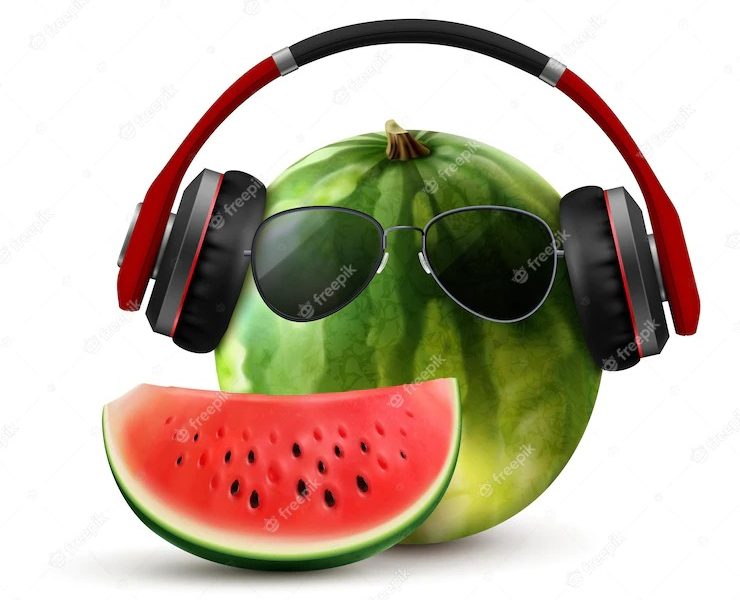 Sunglasses realistic summer composition with watermelon in wireless headphones with glasses and slice Free Vector