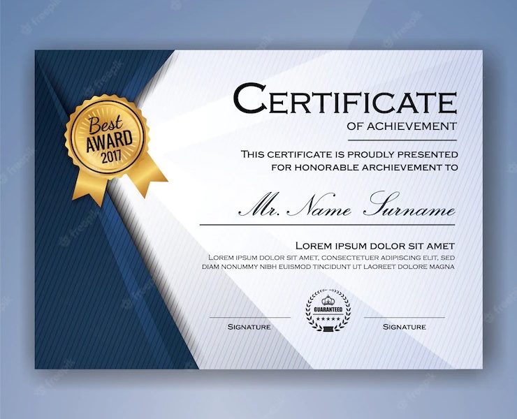 Blue and white elegant certificate of achievement template background Free Vector