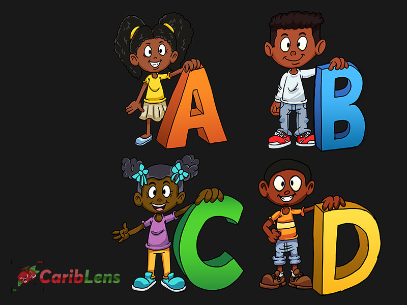 Cartoon African Black Kids Or Children Standing Beside Letters Of The Alphabet