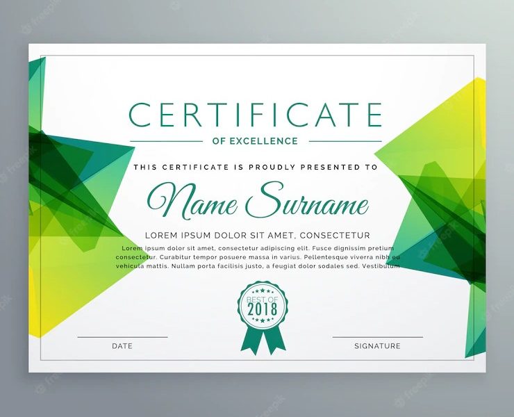 Polygonal green achievement certificate template Free Vector