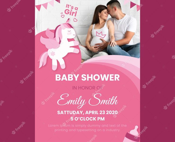 Baby girl shower invitation template with photo Free Vector