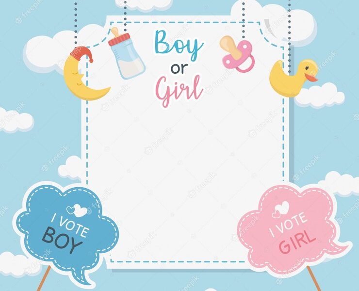 Baby shower card with accessories hanging Free Vector