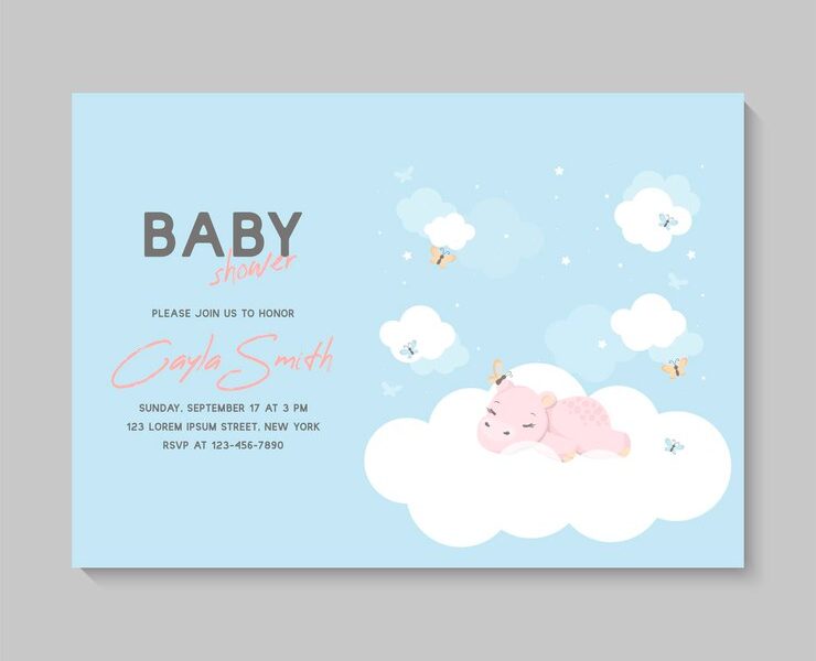 Baby shower card with sleeping hippo on a cloud, moon and stars Free Vector