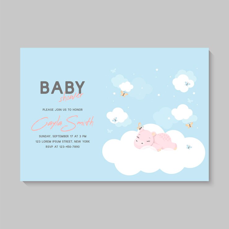 Baby Shower Card With Sleeping Hippo Cloud Moon Stars 1305 6745