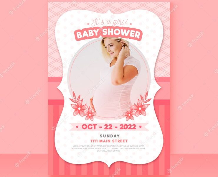 Baby shower invitation template with photo Free Vector