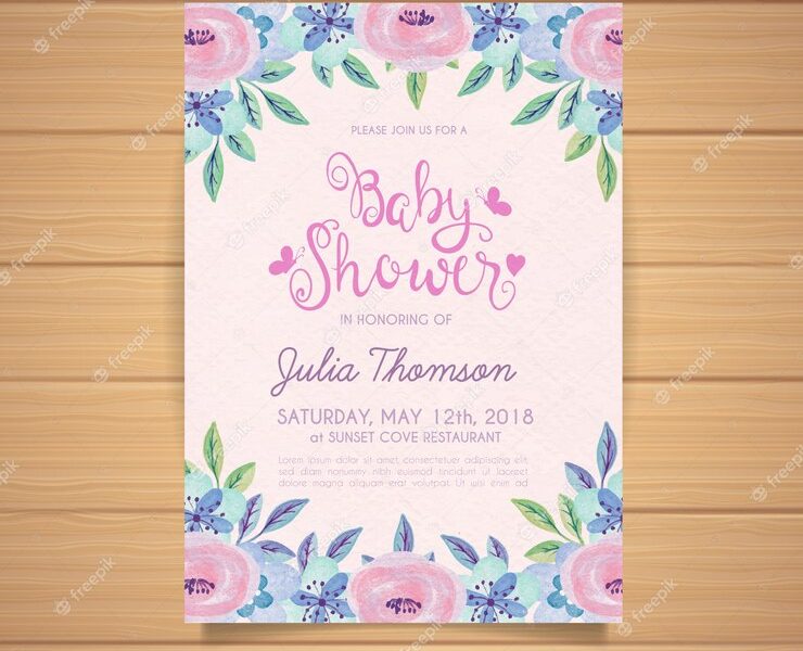 Baby shower invitation with flowers in watercolor style Free Vector