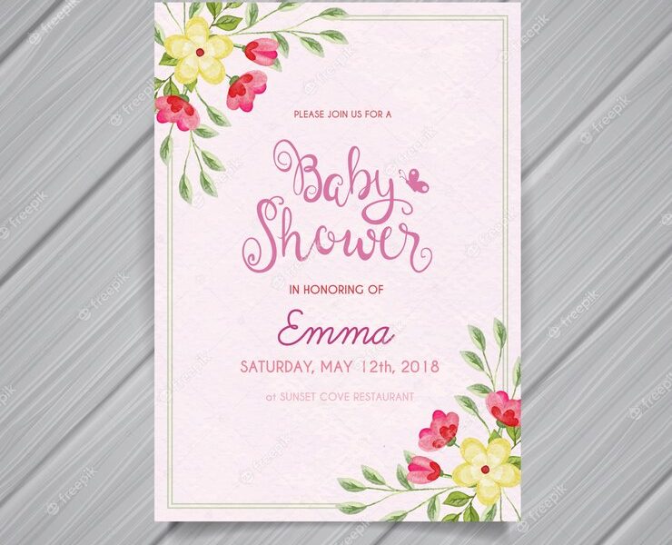 Baby shower invitation with flowers in watercolor style Free Vector