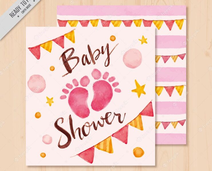 Baby shower invitation with footprints and garlands Free Vector