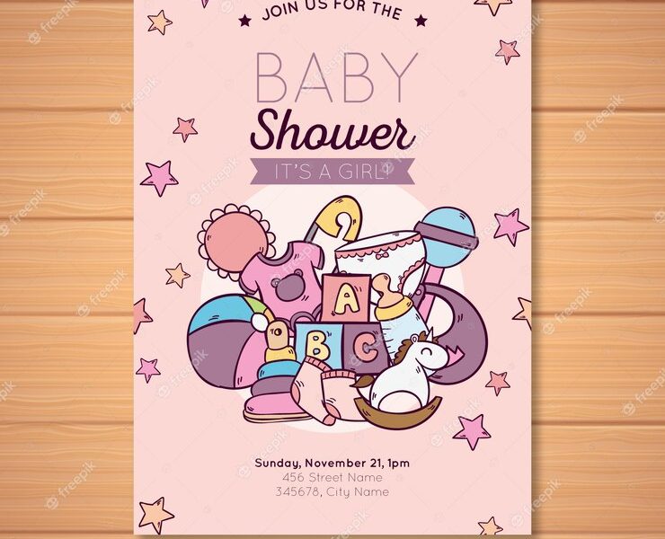 Baby shower invitation with toys Free Vector