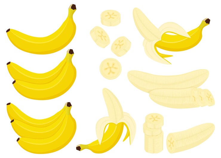 Banana Set Whole Half Peeled Banana Bunch Bananas Slices Banana Isolated White Background Flat Cartoon Style Vector 545793 89