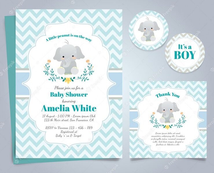 Blue card for baby shower with a cute elephant Free Vector