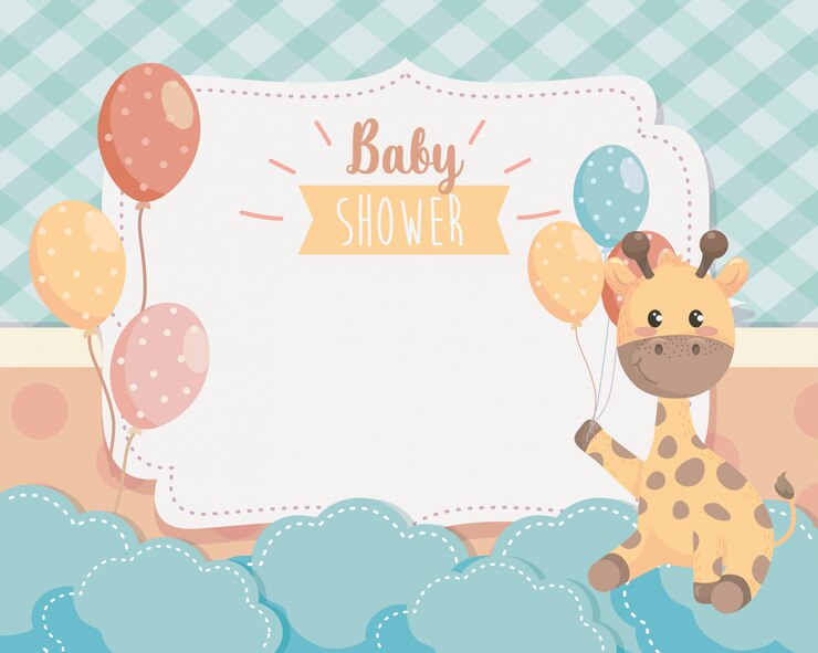 Card of cute giraffe with balloons and clouds Free Vector