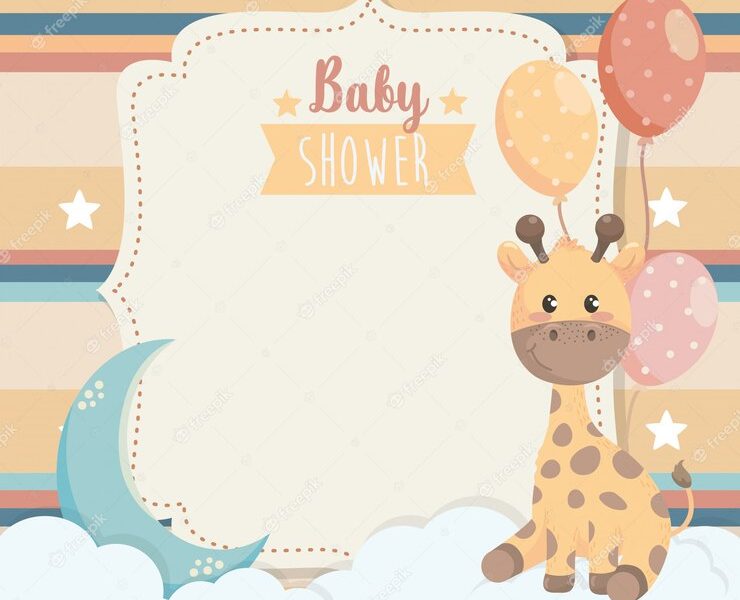 Card of giraffe animal with balloons and clouds Free Vector