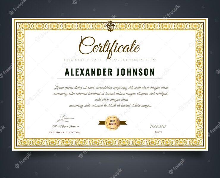 Certificate of achievement with ornamental frame Free Vector