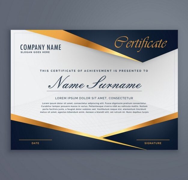 Certificate decorated with blue shapes and golden lines Free Vector