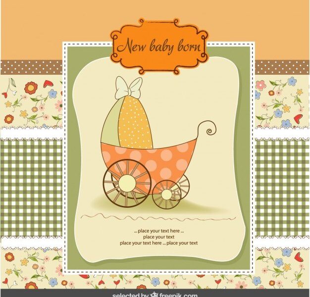 Colorful baby shower card with baby stroller Free Vector