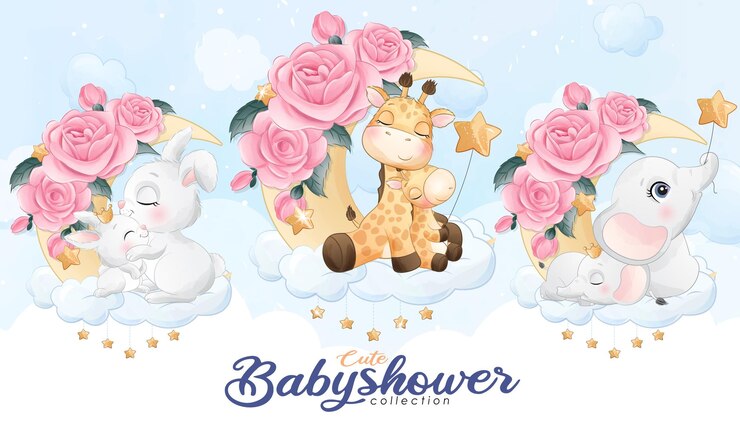 Cute Little Animals Baby Shower With Watercolor Illustration Set 102385 1675