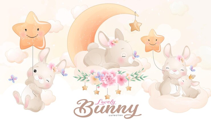 Cute Little Bunny With Watercolor Illustration Set 102385 1634