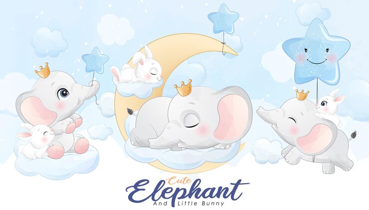 Cute Little Elephant Bunny With Watercolor Illustration Set 102385 1674