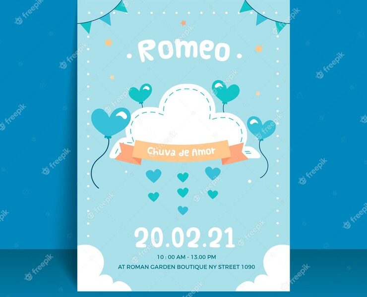 Flat chuva de amor baby shower invitation Free Vector