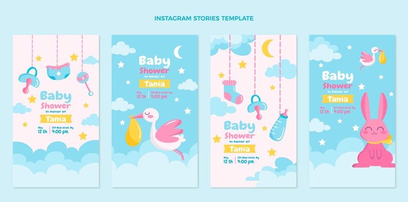 Flat design baby shower instagram stories template Free Vector