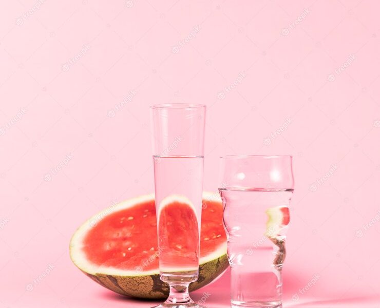 Half of watermelon and glasses with water Free Photo