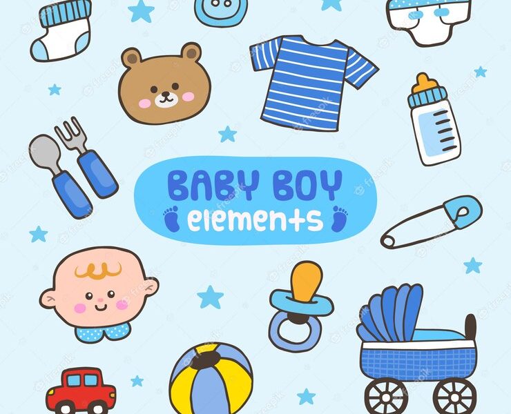 Hand-drawn baby boy elements Free Vector