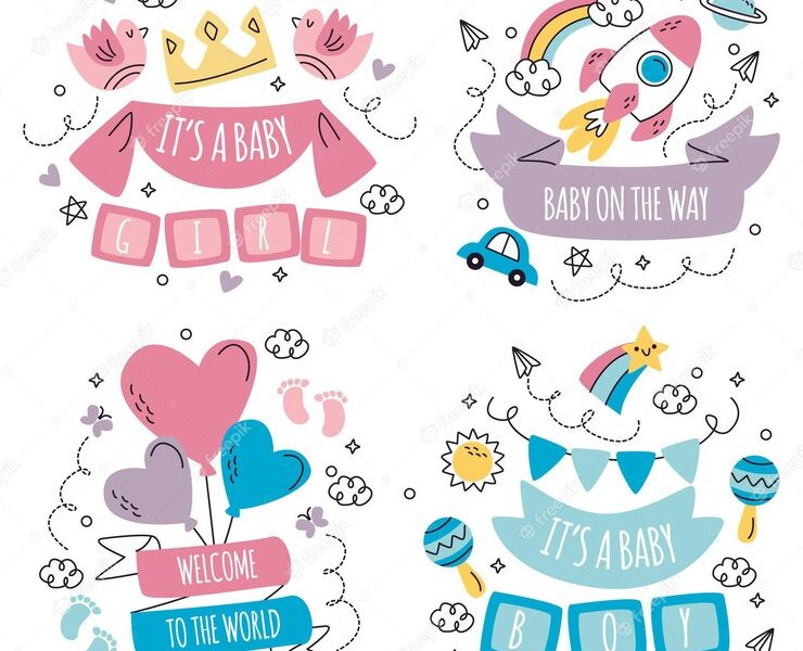 Hand drawn doodle baby shower sticker collection Free Vector