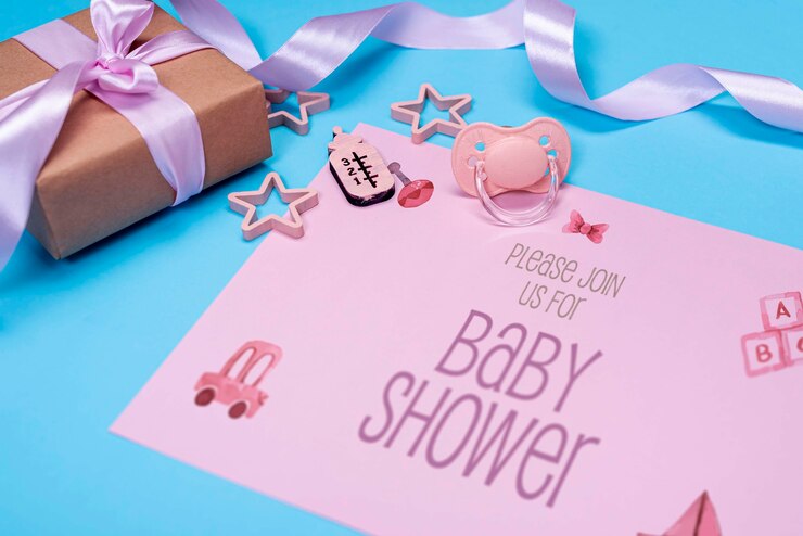 High Angle Pink Baby Invitation With Gift 23 2148458836